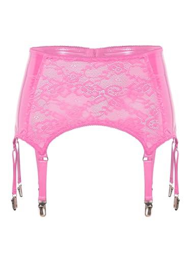 CHICTRY Damen Strapsgürtel Leder Strapsen Spitze Strumpfhalter mit 6 Halter Wetlook Strumpfband Clips aus Metall Hosenträger Dessous Set Rosa M