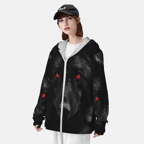 Sun Protection Hoodie Black Red Eyed Wolf Jacket Lightweight Long Sleeve Sun Shirts miniatura 4