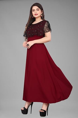 Image of Women's Poly Crepe Round Neck Plain Gown Dress