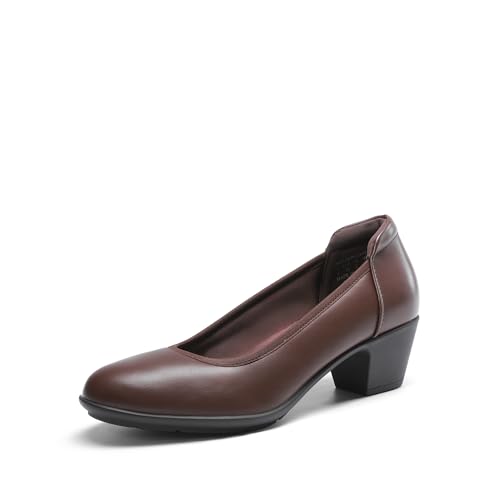 DREAM PAIRS Women's Low Chunky Heels Comfortable Block Work Pumps Closed Round Toe Dress Shoes for Office Business,Size 7,Brown,DWUMPU2547