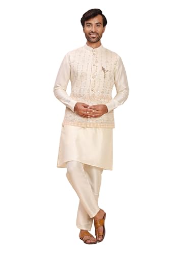 Mens Heavy Cotton Silk Sequence Kurta Trouser Set With Waistcoat (Nehru Jacket) (C-124)