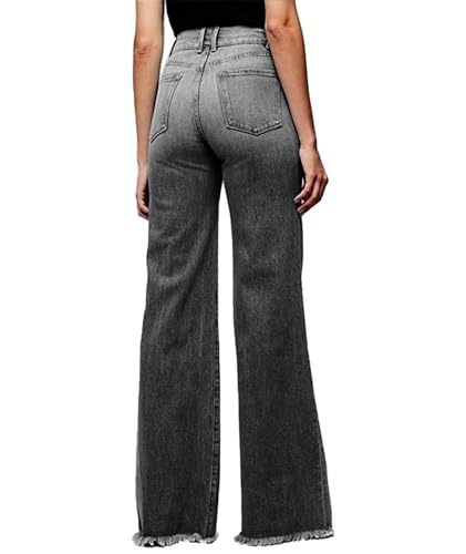 Women's High Waist Bell Bottom Flared Jeans Distressed Tassel Raw Hem Wide Leg Denim Pants Loose Fit Bootcut Jeans2