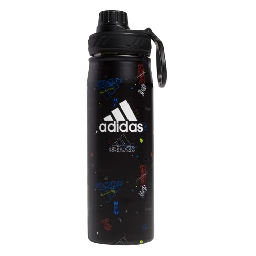 adidas 20 oz Stainless Steel Water Bottle, Insulated Double-Walled 18/8 Metal, Men, Women, Girls and Boys Water Bottles, Icon Brand Love Black/Black/White, 20 Ounces