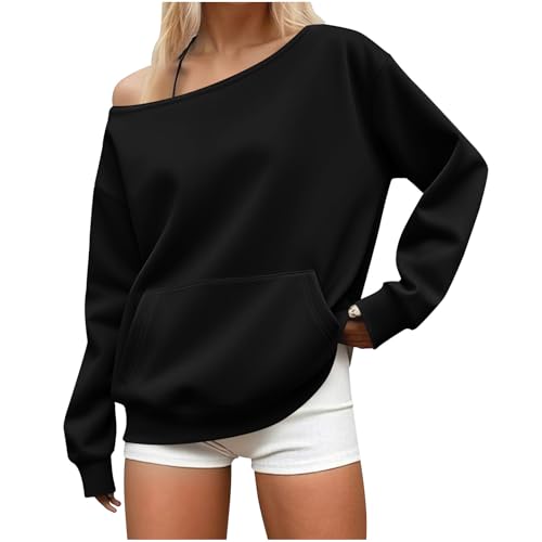 Sweatshirt for Women Trendy Off the Shoulder Sweatshirts Oversized Long Sleeve Sweater Fall Travel Outfits with Pocket