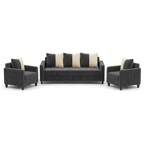Image of FURNY Rion 3 Seater + 1 Seater + 1 Seater Fabric Sofa Set (Dark Gray-Cream) with Velvet Finish | Durable Comfort | Ideal for Living Room