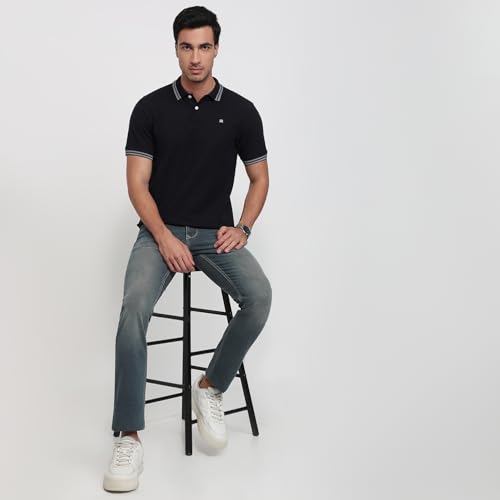 Image of Raymond Men Modern Fit Solid Pattern Pure Cotton Polo Neck Half Sleeve Casual T-Shirt