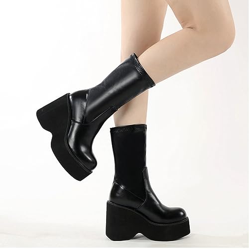 Women's Wedge Heel Goth Mid Calf Boots Black Silp On Punk Motorcycle Boots3
