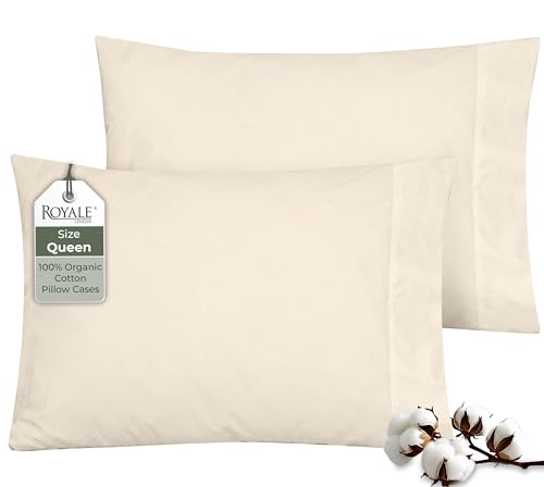 Image of ROYALE LINENS 100% Organic Cotton Percale Pillowcases Set of 2 - Queen Size Percale Pillowcase - Queen Set of 2 Pillow Cover - Breathable, Cool & Crisp Cream Pillow Cases (20 inchx30 inch, Cream)