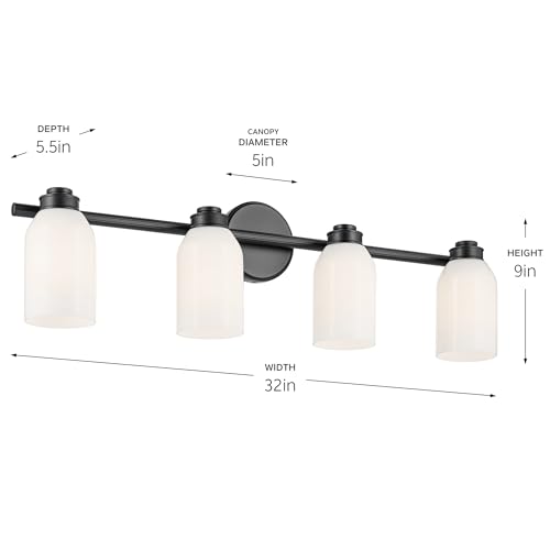 Image of Kichler Shae 4-Light Bathroom Vanity Light, Black | White opal glass vanity light for modern bathroom mirrors (32.25 inch x 9 inch), 55203BK