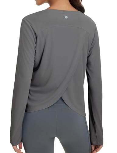 Reviews de Ropa de Atletismo para Mujer los mejores 5. 48 Baleaf - Camisetas de manga larga para mujer, UPF 50+, camisetas de entrenamiento con rayos UV, atléticos, espalda dividida, secado rápido, ligeras, Gris-oscuro, M