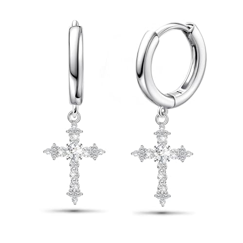 Sterling Silver Cross Earrings for Women White Gold CZ Cross Dangle Hoop Earrings Cuff Cartilage Hypoallergenic Sparkling Cross Huggie Earrings For Men Women Easter Jewelry Gifts Birthday