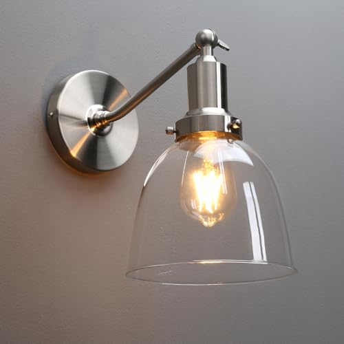 Image of PERMO Industrial Vintage Slope Pole Wall Mount Single Sconce with 6.7 inch Oval Dome Clear Glass Shade Wall Sconce Light Lamp Fixture (Brushed Nickel)
