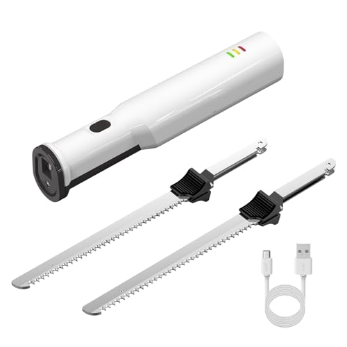 KEULEN Coltello per Affettare Carne, Coltello Elettrico per Tagliare Il Pane Senza Fili con 2 Lame Seghettate E Batteria al Litio da 8 V, Lame in Acciaio Inossidabile da 8, Blocco di Sicurezza