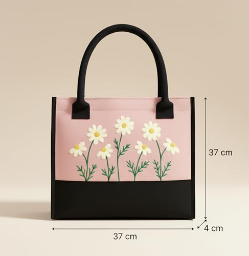 Image of Cotton Tote Bag For Woman Stylish | Embroidered Canvas Hand Bag With Floral Design | Casual Shoulder Bag Zipper For College Girls, Office, Daily Use, Travel, Beach, Shopping