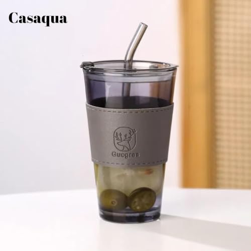 Image of Glass Tumbler with Lid & Straw - 450ml, Set of 1, Iced Coffee Cup, Clear Drinking Glass with Silicone Grip Sleeve, Leak-Resistant Lid, Travel Tumbler for Coffee, Tea, Smoothies & Office Use