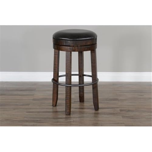 Butaco giratorio sin respaldo de madera Pemberly Row de 30", acabado hoja de tabaco, asiento acolchado, mecanismo giratorio resistente, travesaño metálico, estilo industrial, juego de 2 para cocina o bar en el hogar miniatura 5