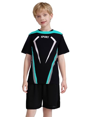 easyforever Boys Quick-dry 2-piece Football Outfit Color Block Sports Top With Shorts For Soccer Basketball Running Blue Green 14 Years