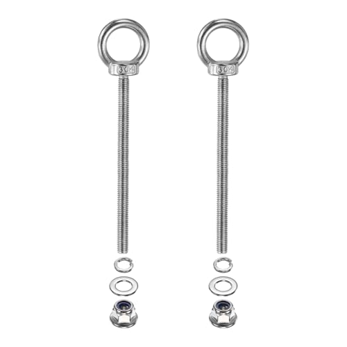 Image of PATIKIL M6 x 90mm Shoulder Eye Bolt, 2 Pcs 304 Stainless Steel Lifting Ring Threaded Eye Bolt with Flange Lock Nuts Spring and Flat Washers for Hanging Tie Down Straps Outdoor Indoor