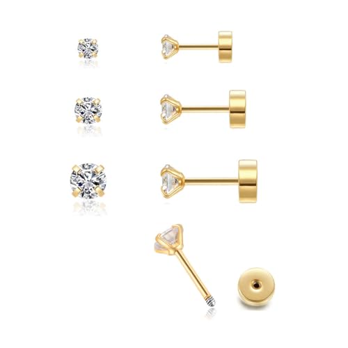 3Pairs CZ Stud Flat Screw Back Earrings for Women Multiple Piercing,Dainty Flatback Cubic Zirconia Cartilage Earring Stud,Helix Tragus Conch Piercing Jewelry