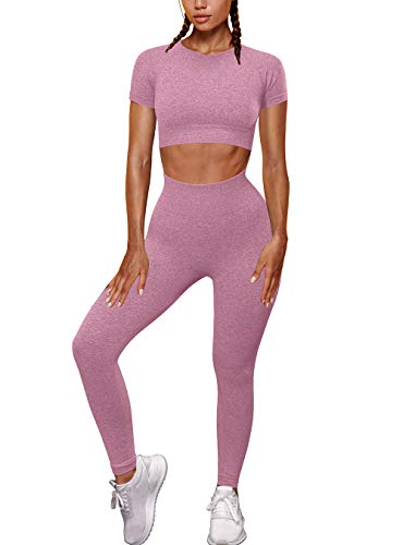 OYS Womens Yoga 2 Pieces Workout Outfits Seamless High Waist Leggings Sports Crop Top Running Sets Fuchsia