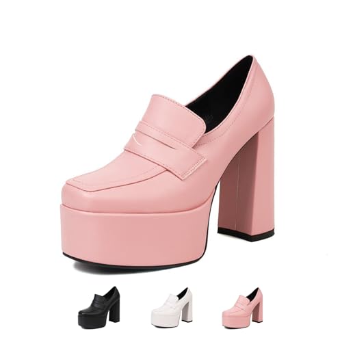 Zeberfi Women's Leather Platform Chunky High Heel Work Pumps Shallow Mouth Slip On Closed Square-Toe Loafers Fashion Business Wedding Dress Shoes