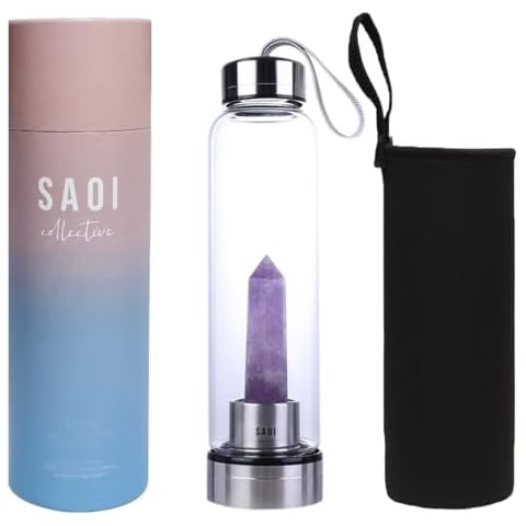SAOI Crystal Water Bottle - Amethyst - Natural Wellness Healing - Glass/Stainless Steel Cover
