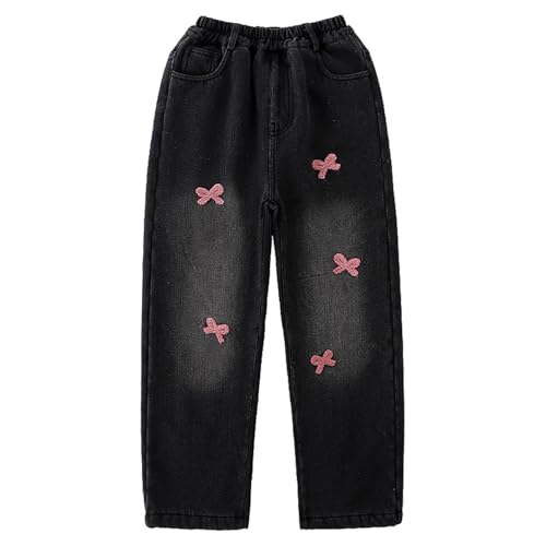 Girls Jeans with Pink Bows Wide Leg Baggy Denim Pants Casual Cute High Waisted Y2k Streetwear Trousers with Pockets