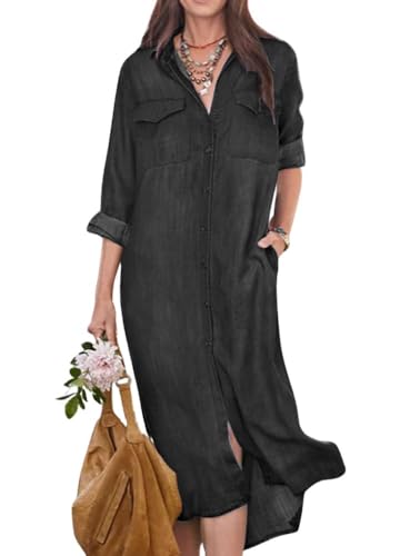 chouyatou Women's Summer Casual Denim Shirt Dress Roll Up Long Sleeve Loose Maxi Shift Jean Dress (Medium, Black)