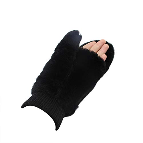 RARITYUS Women Girls Gloves Warm Soft Cute Cat Plush Convertible Flip Top Winter Fingerless Thick Mittens for Teen3