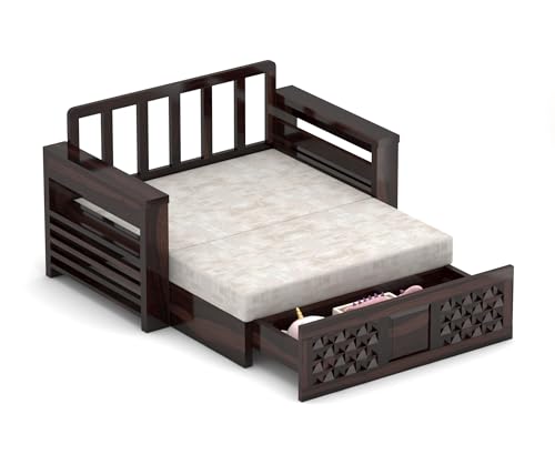Image of Solid Wood Sofa Cum Bed for Living Room | Modern Wooden Pull-Out Diwan Bed with Cushioned Seating | Convertible 2 Seater Sofa Bed for Home & Guest Room (Walnut Finish)