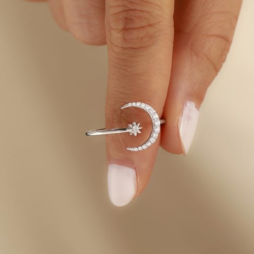 SUYACS 925 Sterling Silver Star and Moon Rings for Women 14K Gold Plated Adjustable Open Moon CZ Statement Ring Crescent Finger Ring Jewelry Birthday Engagement Gifts to Daughter3