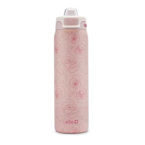Image of Ello Pop & Fill 22oz Stainless Steel Water Bottle with Quick Fill Technology, Double Walled and Vacuum Insulated Metal, Leak Proof Locking Lid, Sip and Chug, Reusable, BPA Free, Roses