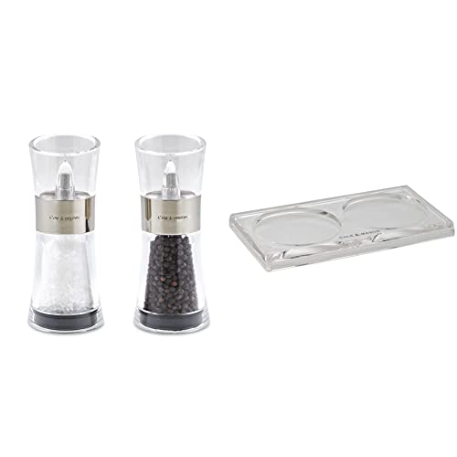 Cole & Mason H581780 Flip 180 Chrome Salt and Pepper Mills | Classic Inverta | Acrylic | 154mm | Gift Set | Includes 2 x Salt and Pepper Grinders & H306119 Ramsgate Clear Salt and Pepper Mill Tray