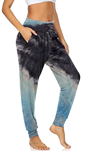 UEU Women's High Waisted Fashion Yoga Joggers Pants Baggy Casual Fit Workout Sweatpants Comfy Lounge Sweat Pants with Pockets(Tie Dye Black Blue, M)