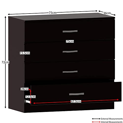 Vida Designs Black Chest of Drawers, 4 Drawer With Metal Handles and Runners, Unique Anti-Bowing Drawer Support, Riano Bedroom Furniture - Image 4