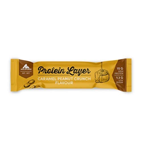 Multipower Power Layer Bar Energieriegel mit 30 % Protein (Whey/Casein) - 18 Fitnessriegel à 50 g - Protein Riegel als Sport-Snack - Erdnuss-Karamel - kalorienarmer & ballastoffreicher Eiweißriegel