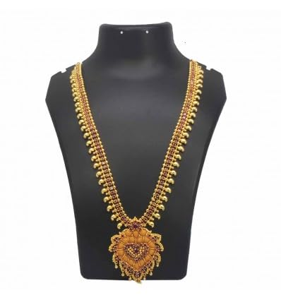 Image of Kollam Supreme Gold Plated Brass Ruby Mango Heart Pendant Long Necklace for Women