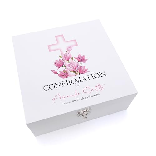 ukgiftstoreonline Personalised Confirmation Day Wooden Keepsake Memory Box With Pink Cross (Medium)