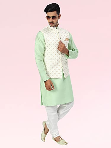 Image of Uri and MacKenzie Men's Silk Blend Regular Kurta Churidar Pyjama with Bundi Nehru Jacket /Waistcoat
