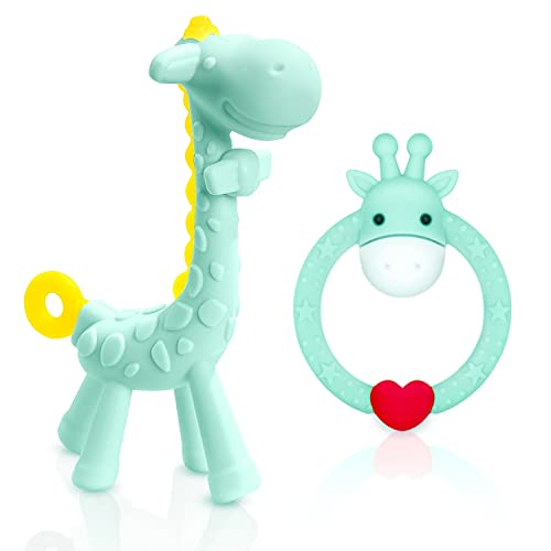 Image of SHARE&CARE BPA Free Silicone Giraffe Baby Teether Toy with Storage Case, for 3 Months Above Infant Sore Gums Pain Relief and Baby Shower, Baby Teething Toys (Light Green)