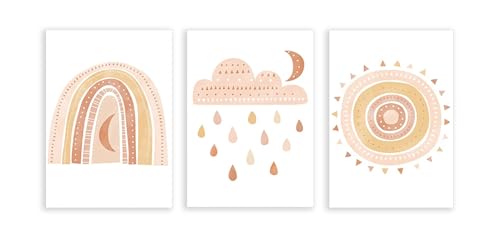 Affiche crèche boho nuage soleil et arc-en-ciel pour chambre bébé