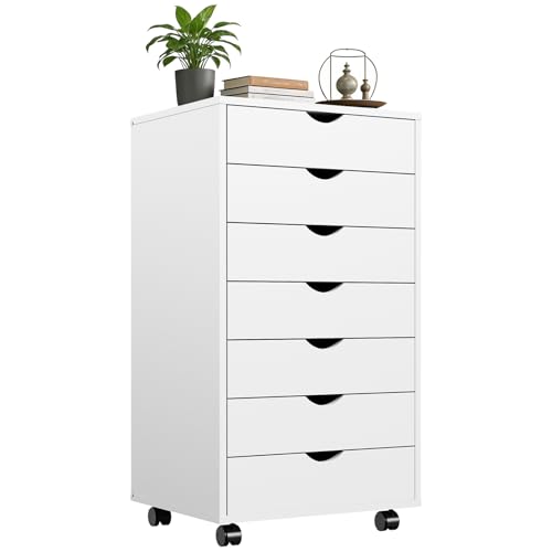 Image of Mobile File Cabinet Under Desk, 7 Drawer Storage Organization with Wheels, Vertical Filing Chest Rolling Wood Small Desk Printer Stand for Home Office, 15.75 inch D x 18.74 inch W x 34.25 inch H