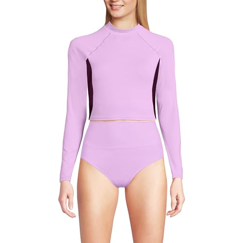 Lands' End Women's Long Sleeve Mock Neck Cropped UPF 50 Sun Protection Rash Guard Large Wild Lilac/Dark Wine