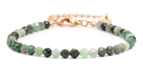 LAKADA Bracelet en émeraude véritable pierre précieuse avec perles à facettes de 4mm - longueur réglable - bracelet en pierres précieuses porte - bonheur talisman cadeau