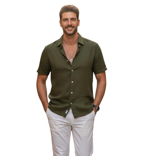 Image of Glowic Men Linen Shirt Casual Regular Fit Solid Stylish Summer Wear Shirt for Office Party Beach Holiday Lightweight Breathable Fashion Shirt