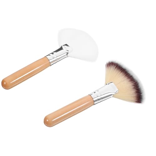 HOMSFOU Brochas de Maquillaje en Abanico 2 Piezas Set para Polvos y Base Mango Largo de Madera y Cerdas Suaves Blancas y Tricolor para Rostro Profesional y Uso Diario