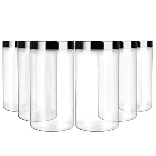 6 Pack 32oz / One Quart Clear Plastic Jars with Black Ribbed Lids. BPA Free PET Food Canisters for Kitchen & Household Storage of Dry Goods, Peanut Butter,Nuts,Cookie,Pie and More.