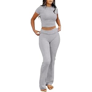 ANRABESS Lounge Sets for Women 2 Piece Foldover Yoga Flare Leggings Pants Crop Tops Casual Y2K Outfits Matching Tracksuit Set