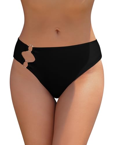 SHEKINI Women's High Waisted Bikini Bottom Cut Out Metal Ring Bathing Suit Swim Bottoms