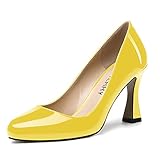 SKYSTERRY Women's Yellow Patent Round Toe Slip On 3.3 Inch Spool High Heel Office Casual Pumps Shoes Size 13 - Zapatos de Tacon para Mujer